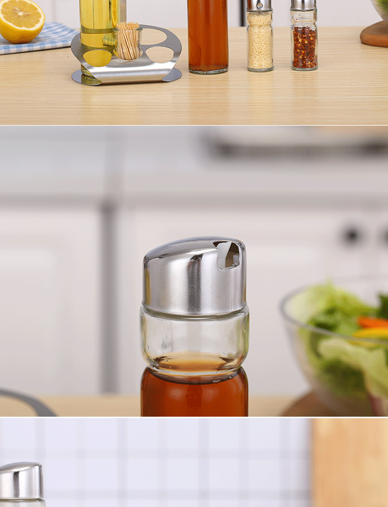 Stainless steel glass seasoning jar, seasoning bottle, table oil, vinegar, soy sauce, chili powder bottle four-piece set, restaurant supplies set pic 25