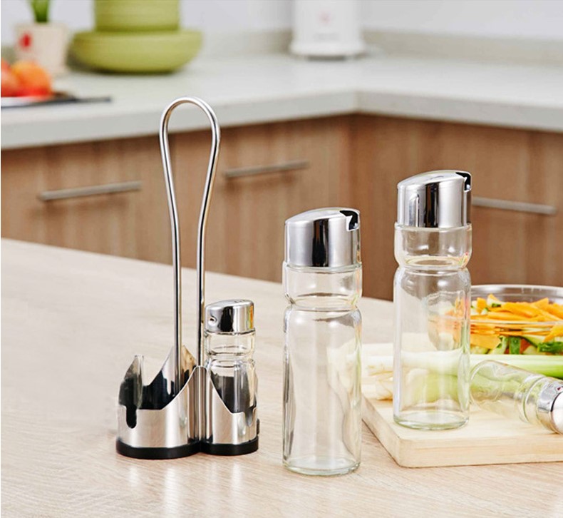 Stainless steel glass seasoning jar, seasoning bottle, table oil, vinegar, soy sauce, chili powder bottle four-piece set, restaurant supplies set pic 1