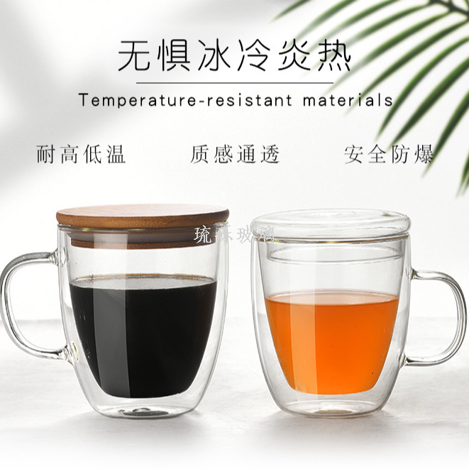 High borosilicate heat-resistant glass cups, insulated double-layer coffee cups, large-capacity mugs with handles and LIDS, household water cups details Picture