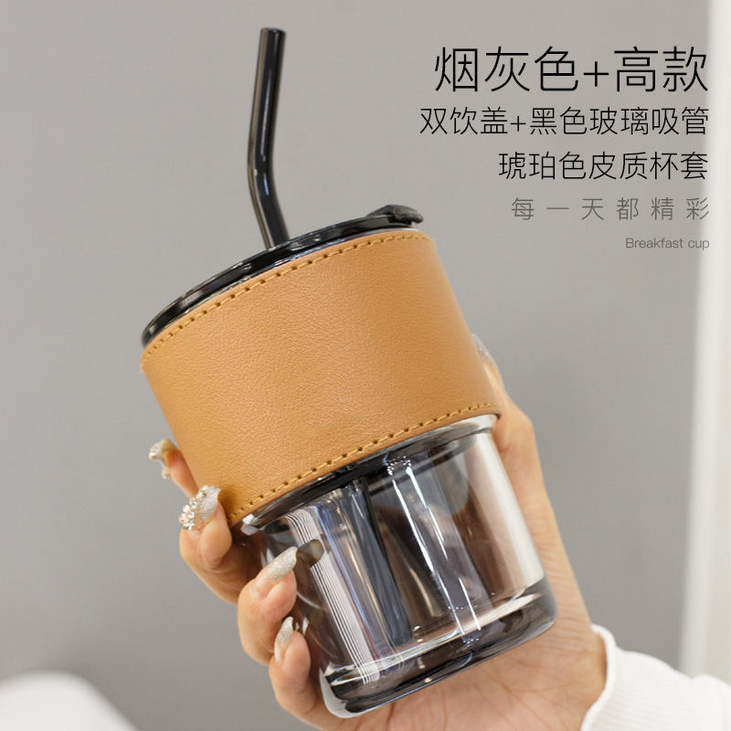 Wholesale popular bamboo joint cups, creative transparent glass straw cups, portable LIDS, ins cups, milk coffee cups Item Picture