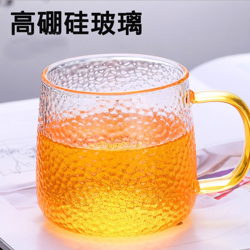日式手工锤纹玻璃水杯家用绿茶杯啤酒冷饮果汁杯带把办公室泡茶杯