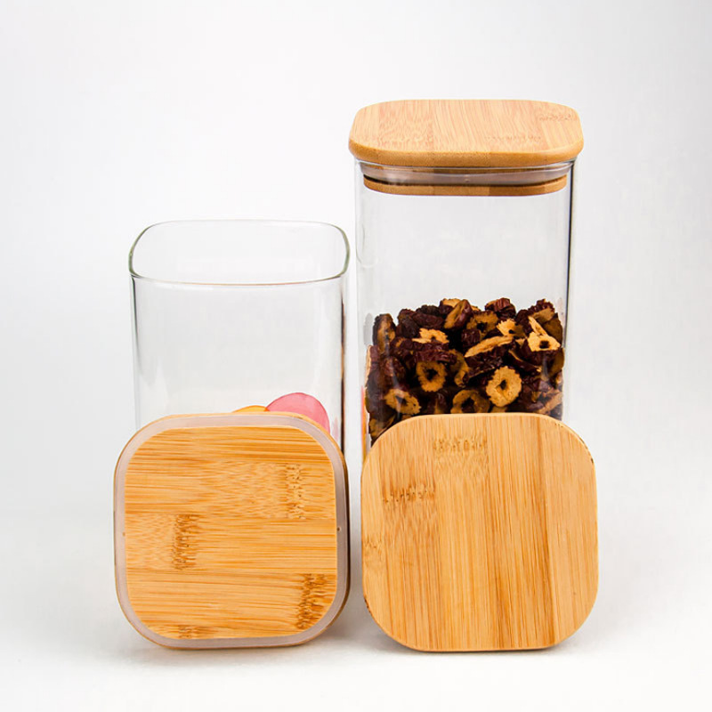 Customized square sealed jars, large-capacity glass jars, kitchen organizing and storage jars, moisture-proof bamboo LIDS, tea jars