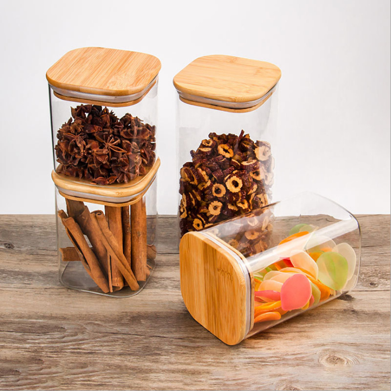 Customized square sealed jars, large-capacity glass jars, kitchen organizing and storage jars, moisture-proof bamboo LIDS, tea jars Specification image