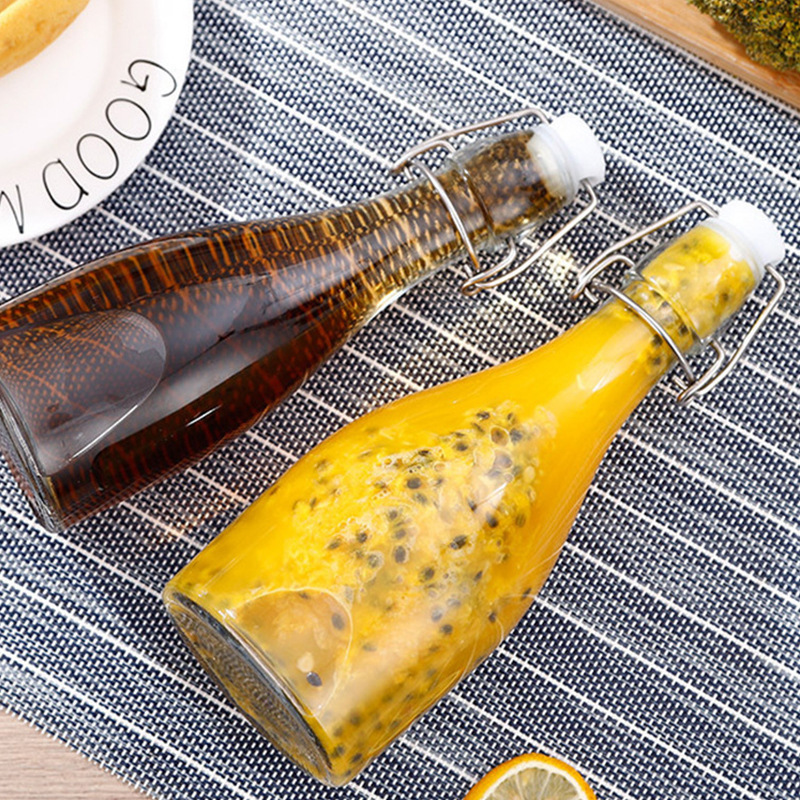 Transparent snap-on fruit wine bottle with cap, enzyme glass bottle, sealed white spirit bottle, household empty bubble wine bottle
