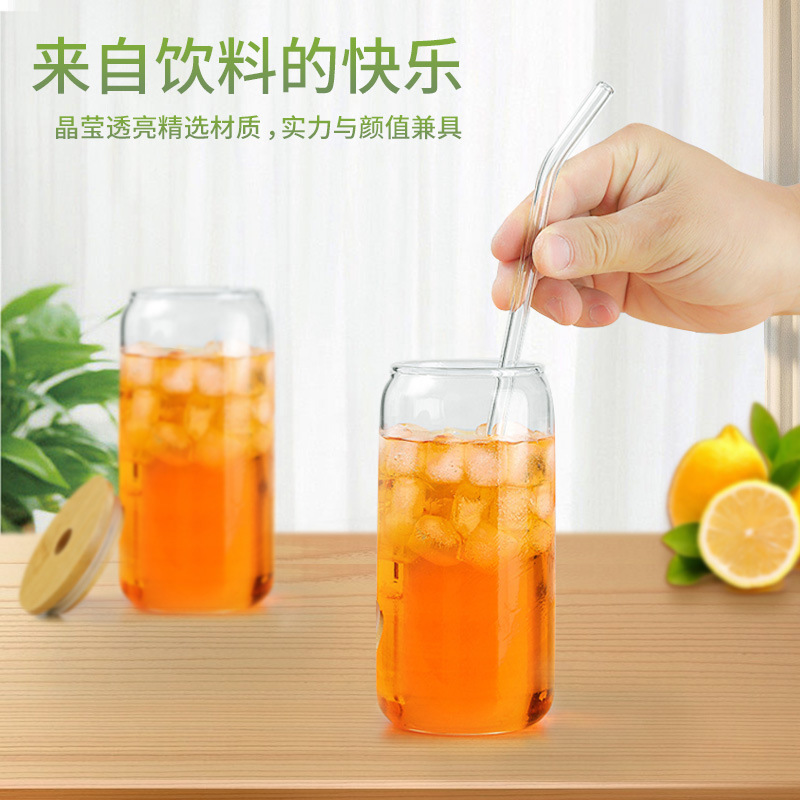 Cross-border glass cup 160oz aluminum can 20oz Cola can Cola cup Mason Cup with bamboo and wood lid straw set