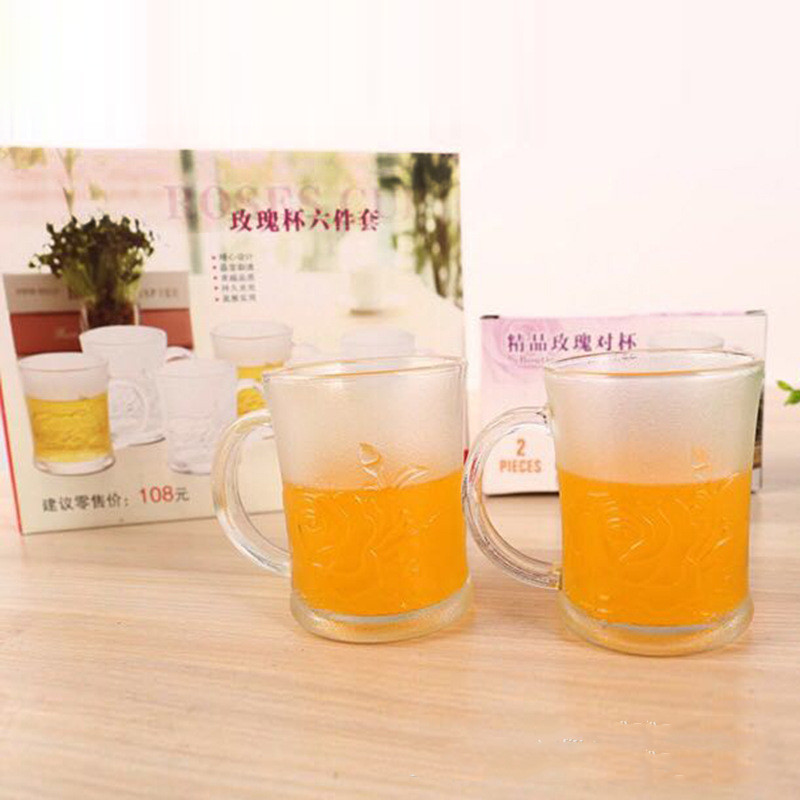 透明磨砂玻璃杯玫瑰花杯二六件套 浮雕马克杯套装 积分换购扫描礼