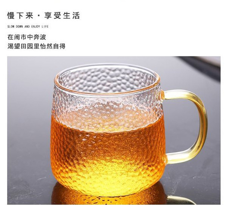 Japanese-style handcrafted hammer-patterned glass water cups, household green tea cups, beer and cold drink juice cups with handles, office tea brewing cups pic 4