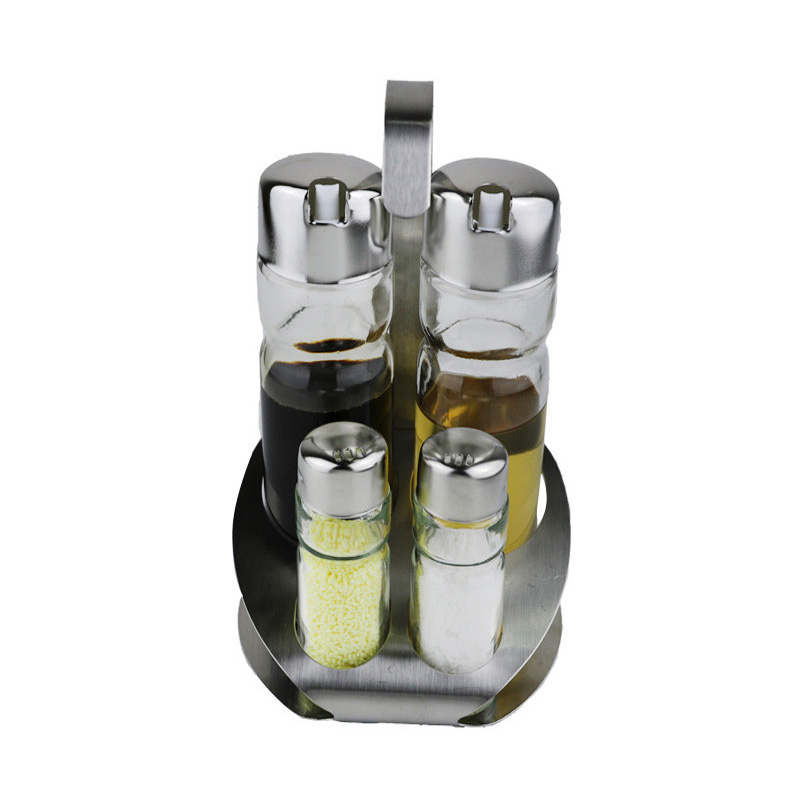 Stainless steel glass seasoning jar, seasoning bottle, table oil, vinegar, soy sauce, chili powder bottle four-piece set, restaurant supplies set details Picture