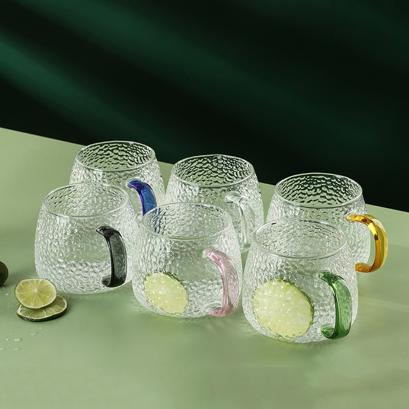 加厚玻璃杯耐高温喝水杯子带把手日式家用茶杯套装耐热锤纹牛奶杯