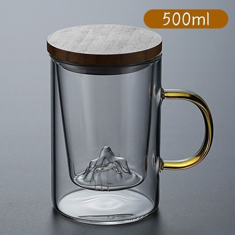 High borosilicate glass water cup, tea-water separation brewing cup, business filtering wooden lid cup, office men's and women's mountain viewing cup Application Scenario