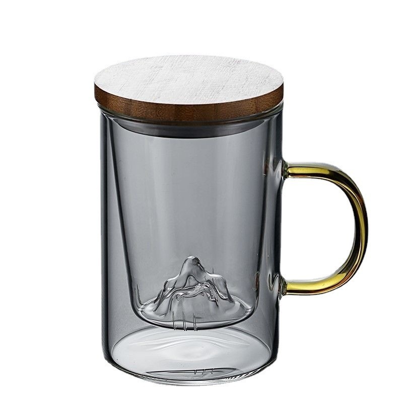 High borosilicate glass water cup, tea-water separation brewing cup, business filtering wooden lid cup, office men's and women's mountain viewing cup Specification image