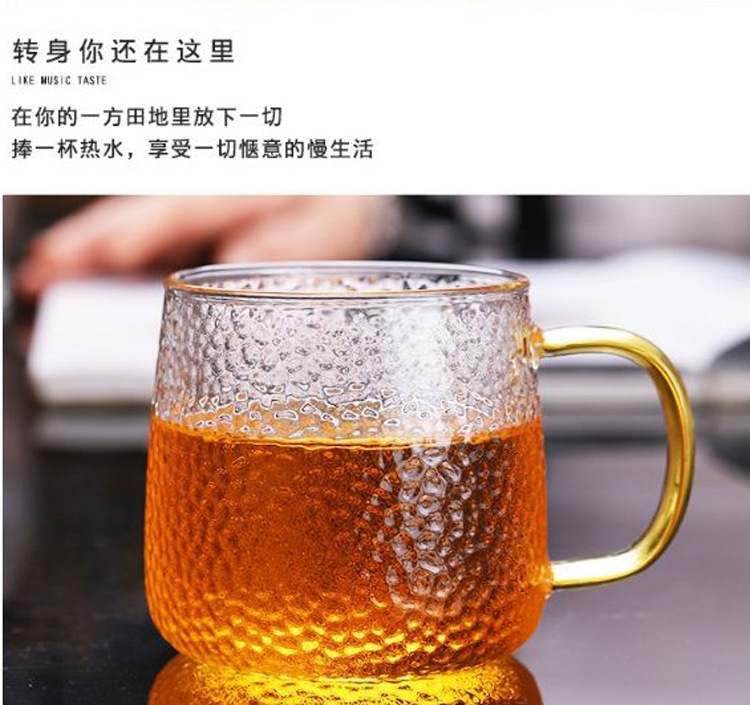 Japanese-style handcrafted hammer-patterned glass water cups, household green tea cups, beer and cold drink juice cups with handles, office tea brewing cups pic 6