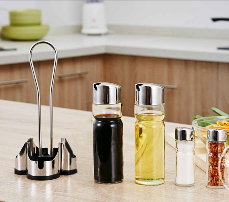 Stainless steel glass seasoning jar, seasoning bottle, table oil, vinegar, soy sauce, chili powder bottle four-piece set, restaurant supplies set pic 4