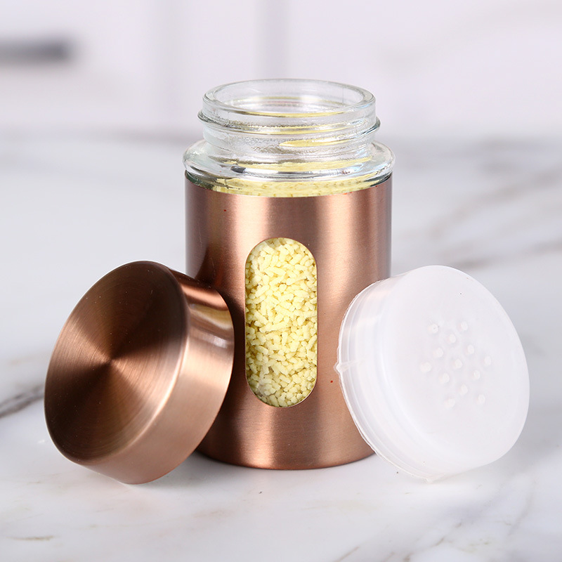 厨房不锈钢玻璃调味瓶 8件套梯形钢架玫瑰金色套装调味料壶套装