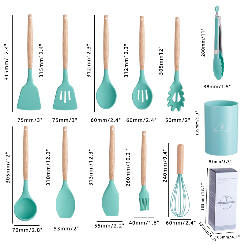 硅胶厨具12件套，桶装木柄12pcs/set
