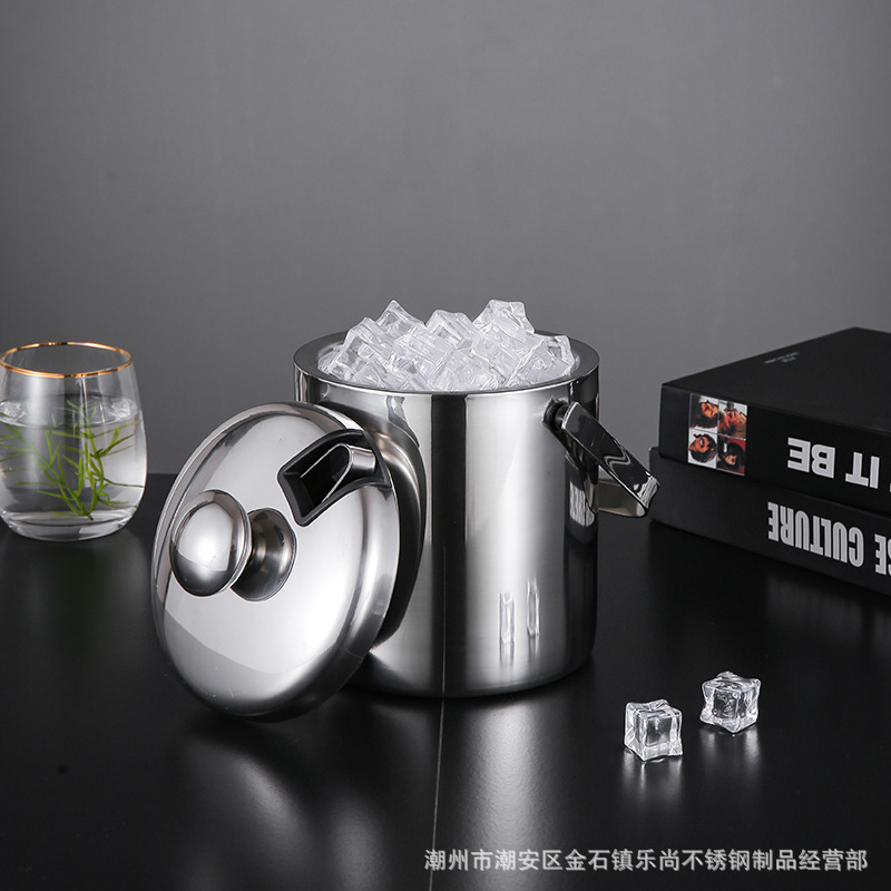 HZ444 stainless steel double-layer insulated ice bucket, 304 inner liner with lid, hand-held champagne bucket, cross-border bestseller, can be printed with logo Specification image