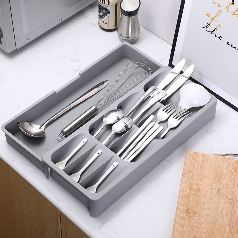 HZ607 telescopic tableware storage box, drawer shelf, adjustable kitchenware storage tray, knife, fork and spoon separation and organization Specification image