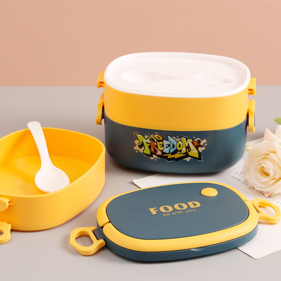 322 plastic single-layer hand-held compartments lunch box with spoon, sealed portable lunch box, bento box, simple three-layer rice details Picture