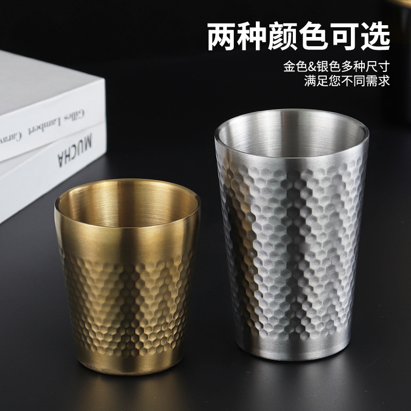 HZ42 Korean-style stainless steel hammer-patterned cup, thickened beer mug, double-layer insulated honeycomb cup, restaurant coffee cup, juice cup Specification image