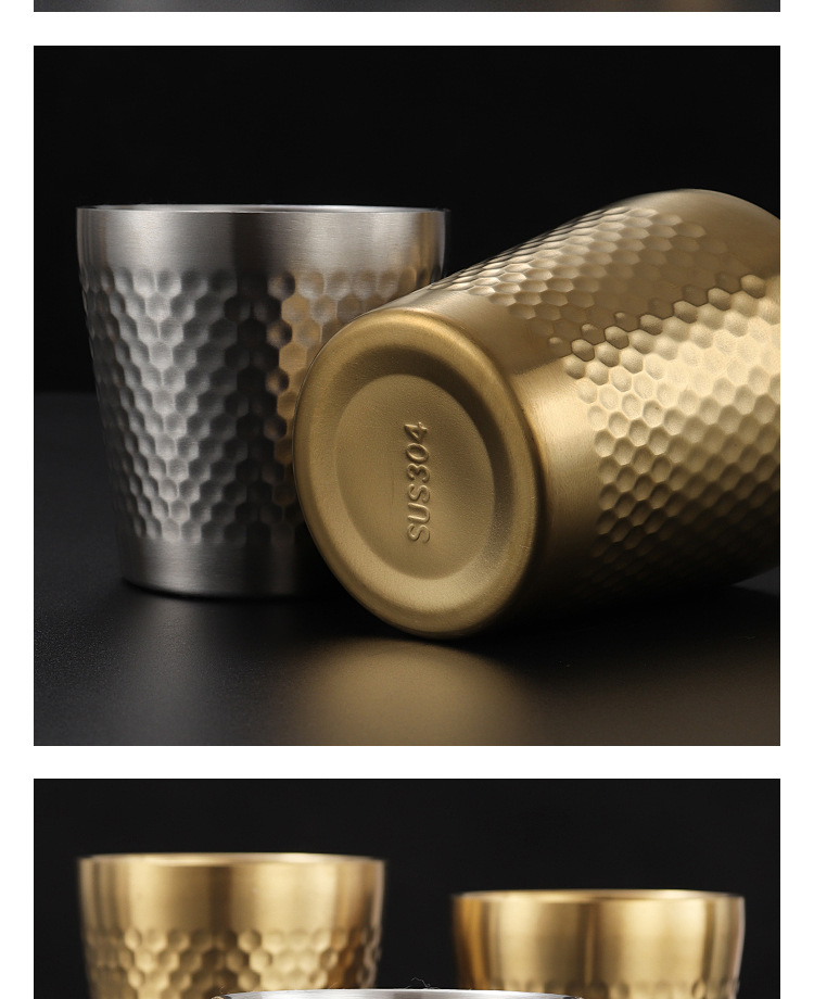 HZ42 Korean-style stainless steel hammer-patterned cup, thickened beer mug, double-layer insulated honeycomb cup, restaurant coffee cup, juice cup pic 14