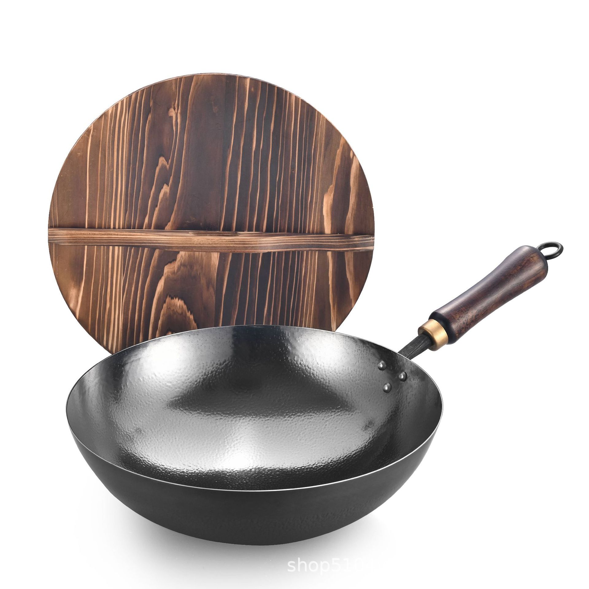 HZ43# uncoated fine iron forged non-stick iron pan, hand-made universal pan, frying pan, wok, household set with wooden lid pic 6