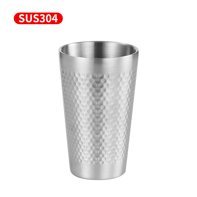 HZ42 Korean-style stainless steel hammer-patterned cup, thickened beer mug, double-layer insulated honeycomb cup, restaurant coffee cup, juice cup Item Picture