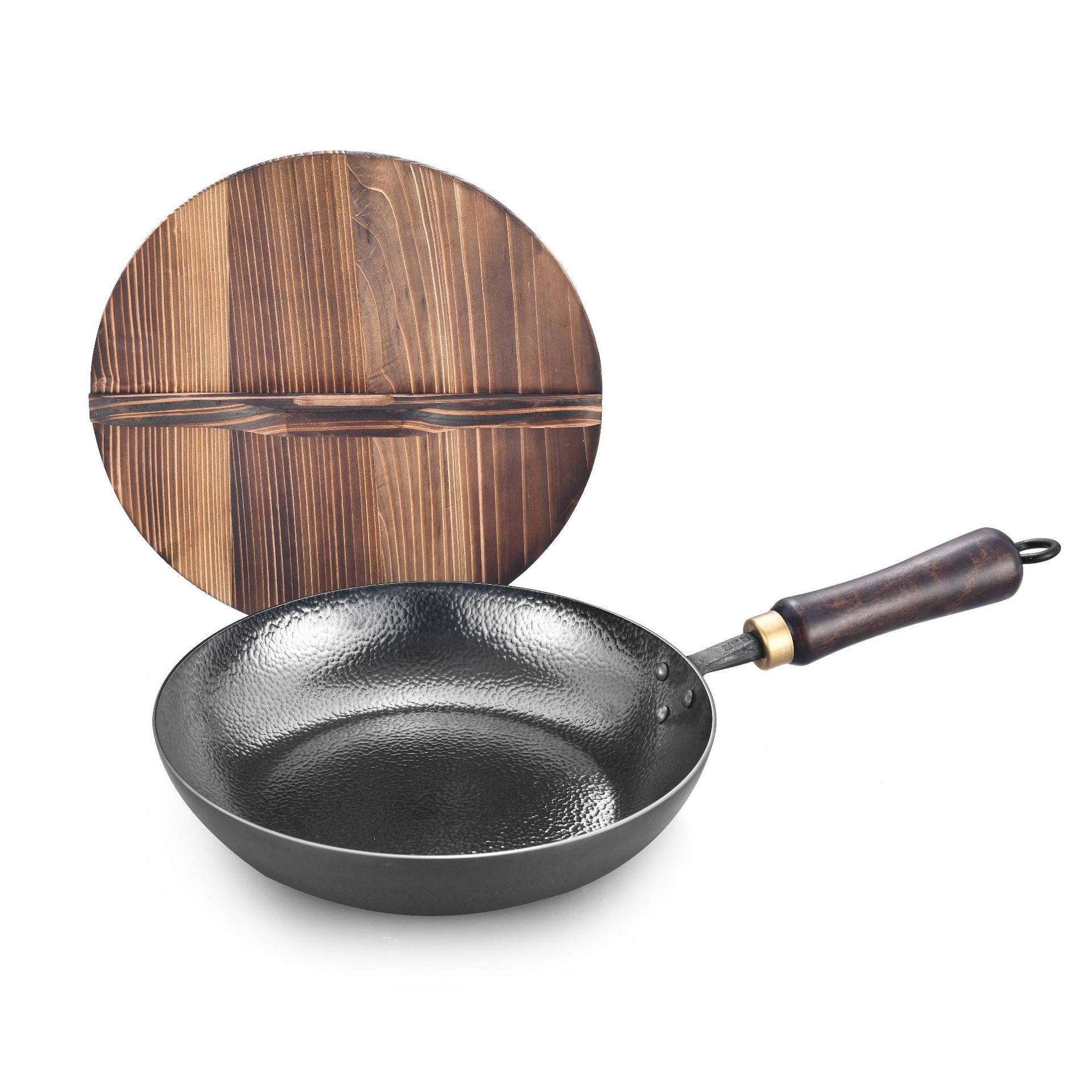 HZ43# uncoated fine iron forged non-stick iron pan, hand-made universal pan, frying pan, wok, household set with wooden lid details Picture