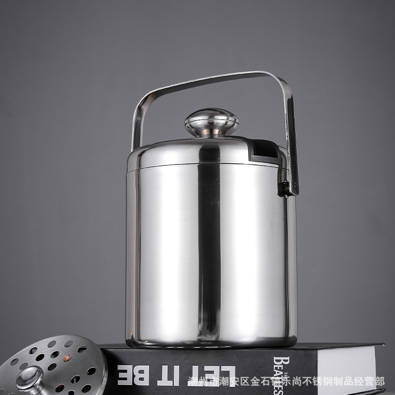 HZ444 stainless steel double-layer insulated ice bucket, 304 inner liner with lid, hand-held champagne bucket, cross-border bestseller, can be printed with logo details Picture