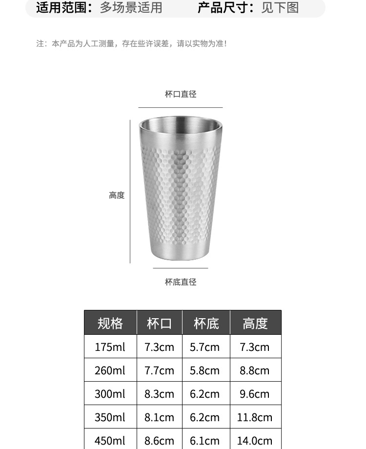 HZ42 Korean-style stainless steel hammer-patterned cup, thickened beer mug, double-layer insulated honeycomb cup, restaurant coffee cup, juice cup pic 12