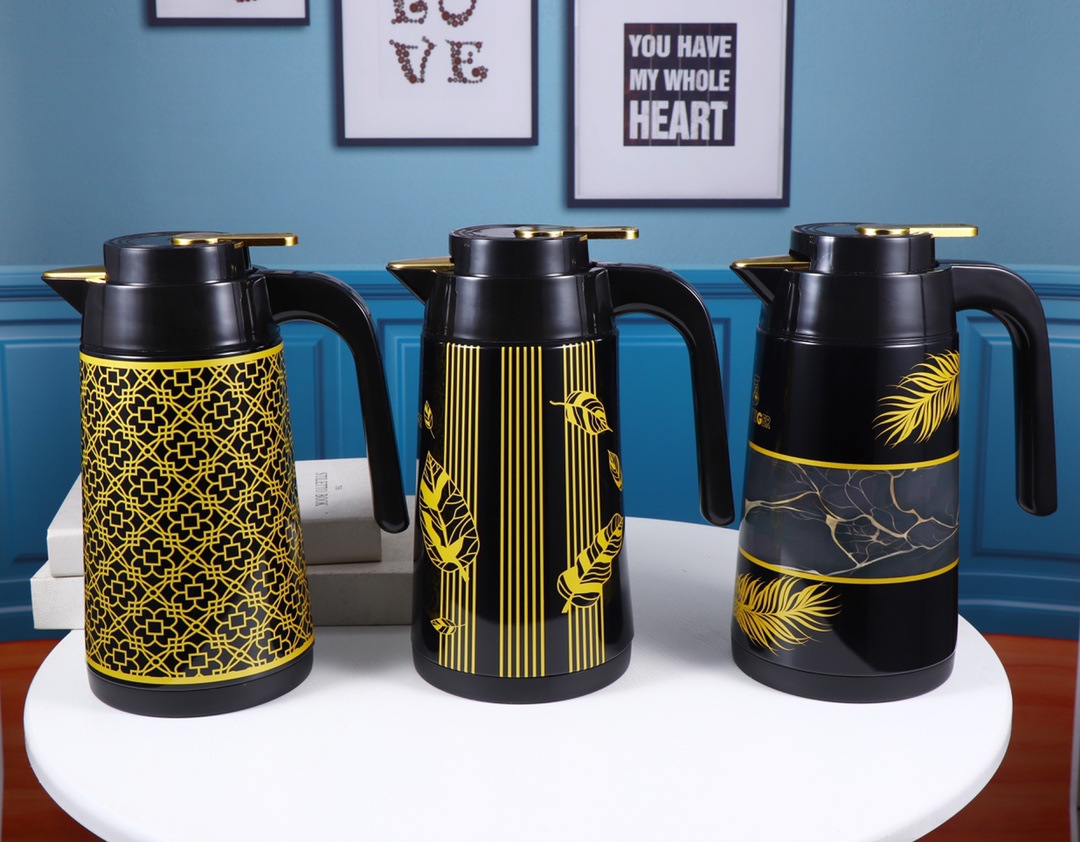 HZ472 Middle Eastern style household 1L glass inner liner insulated kettle with iron shell, 6 patterns mixed pic 1