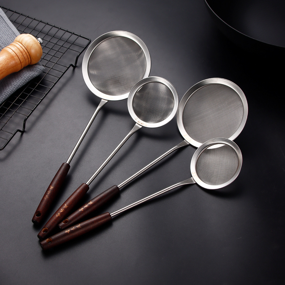 HZ102#304 stainless steel ancient wooden handle mesh oil residue filter, oil grille, hot pot strainer, soy milk filter screen details Picture