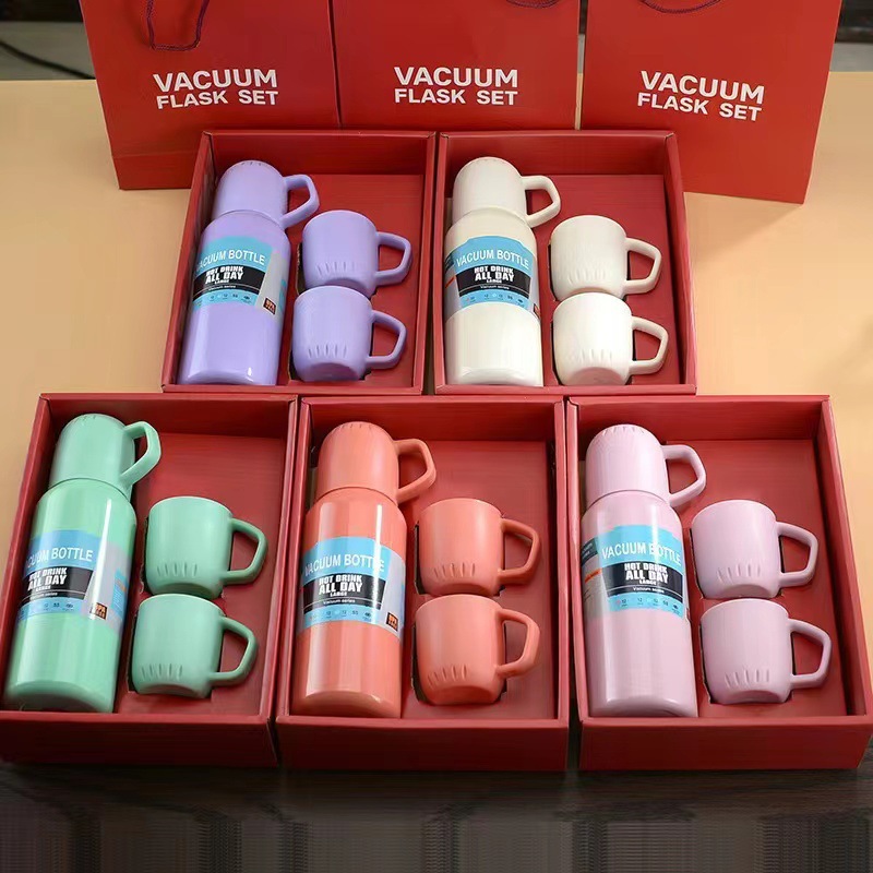 Cross-border trade bestseller One cup three-lid insulated cup set, 304 stainless steel straight cup wholesale hand-held gift box