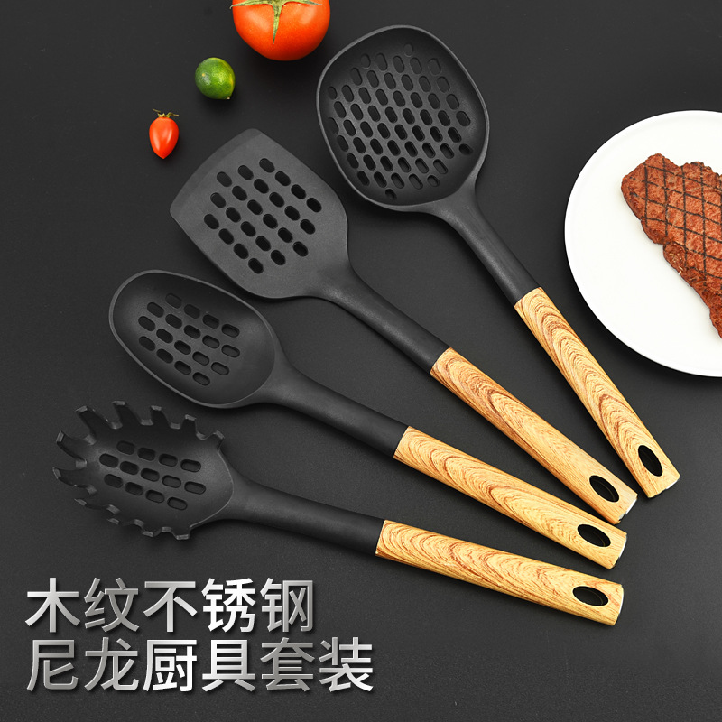 HZ415# Wholesale best-selling non-stick cookware set, wood-grain nylon cookware high-temperature resistant cooking set