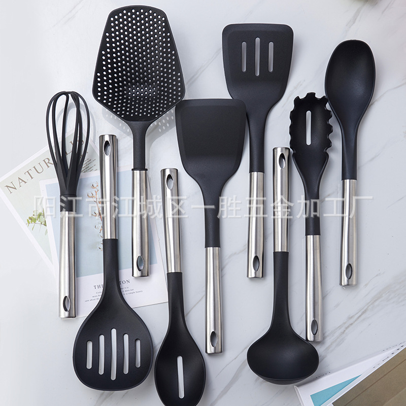 HZ415# Yangjiang Nylon kitchenware set, stainless steel tube handle kitchenware, soup spoon, rice spoon, spatula