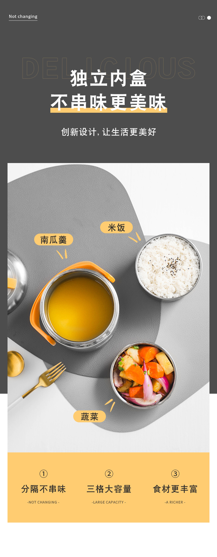 HZ408#304 stainless steel insulated bucket, home and office vacuum porridge, multi-layer large capacity, 3-layer rice bucket, carrying pot pic 3