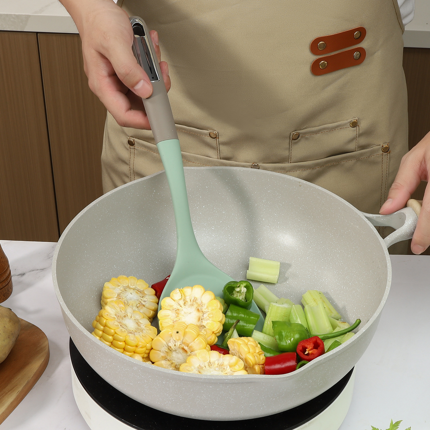 HZ415#硅胶厨房6件套锅铲汤勺饭勺捞面漏勺煎铲护锅硅胶厨具套装详情12