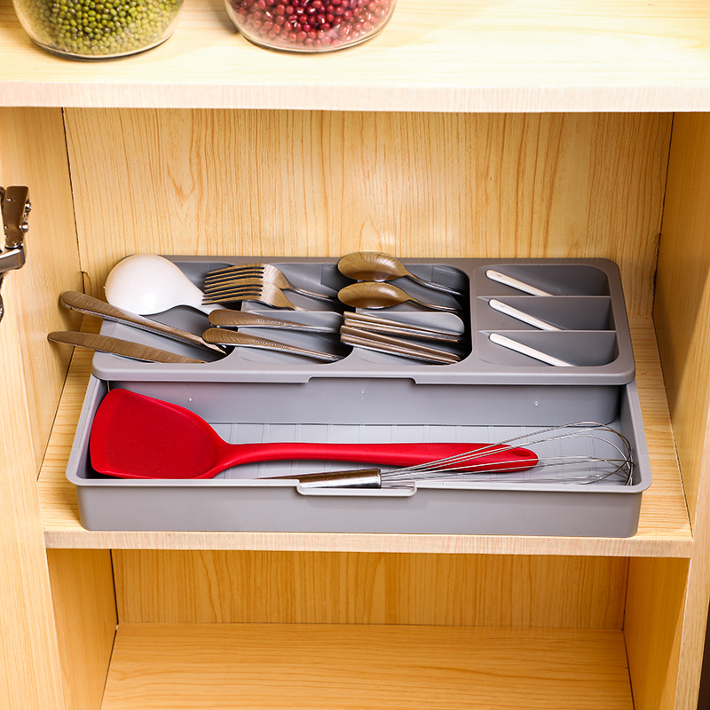 HZ607 telescopic tableware storage box, drawer shelf, adjustable kitchenware storage tray, knife, fork and spoon separation and organization Application Scenario