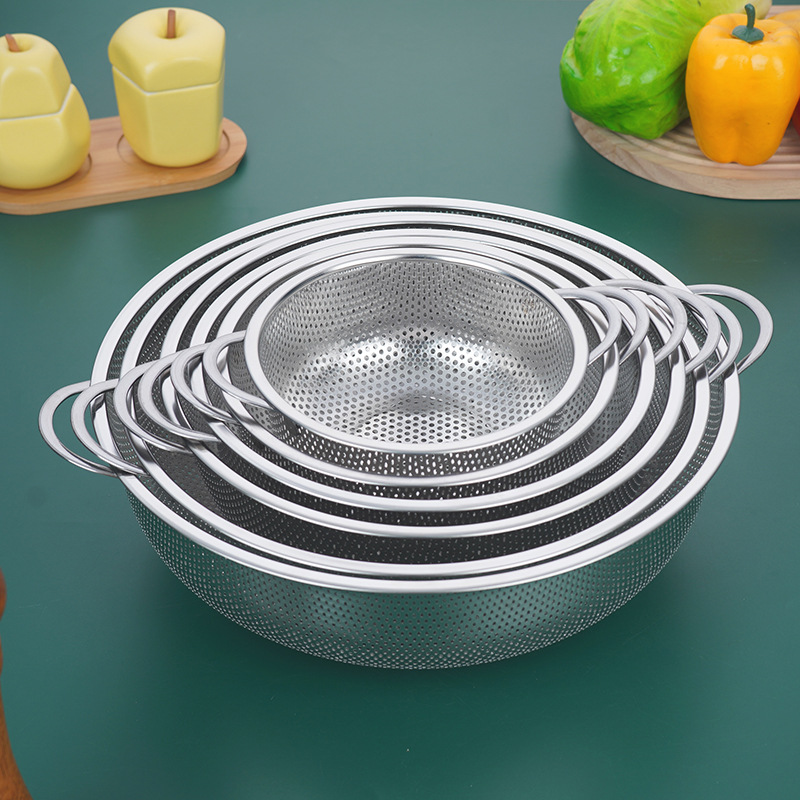 不锈钢家用沥水篮加厚双耳密孔淘米筛厨房多用洗米洗菜水果篮漏盆