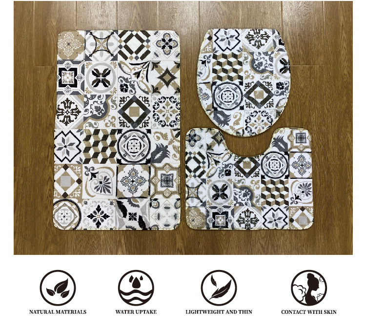 北欧轻奢厕所三件套地毯陶瓷系列海绵法兰绒印花地垫吸水防滑地毯详情2
