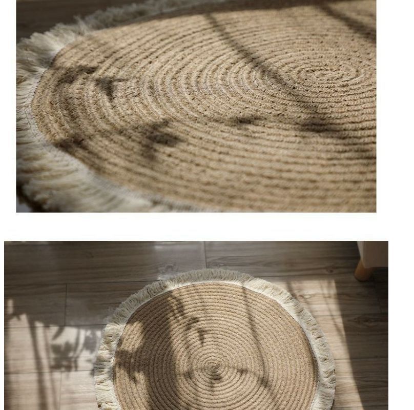 北欧黄麻编制流苏地垫阳台棉麻抓周地毯民宿地铺茶几圆形卧室日式详情2