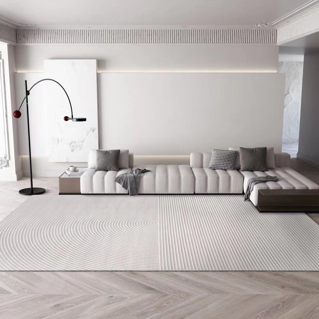 Simple lines, light luxury living room and bedroom carpet, wabi-sabi cream style, modern ins home grey sofa, coffee table carpet