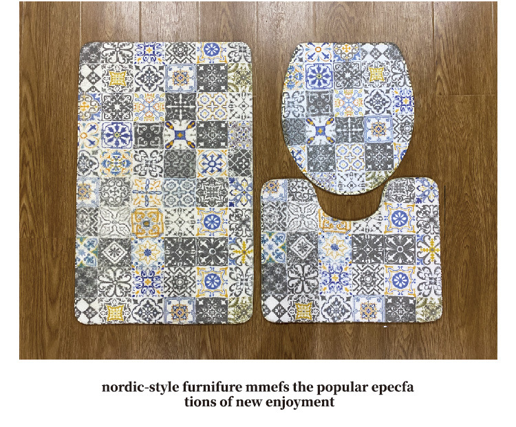 北欧轻奢厕所三件套地毯陶瓷系列海绵法兰绒印花地垫吸水防滑地毯详情4