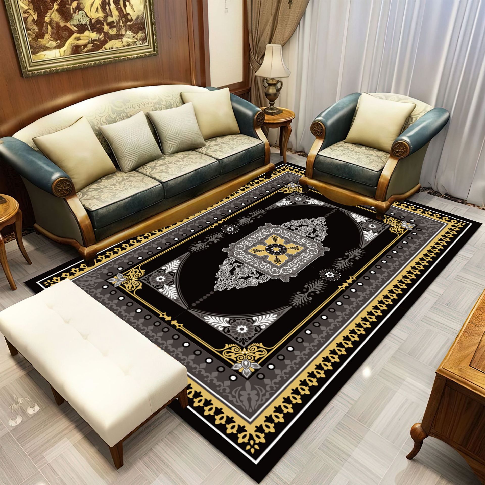 Modern and simple carpet, crystal velvet high-definition printed carpet, living room water-absorbing and anti-slip floor mat, sofa, coffee table carpet details Picture