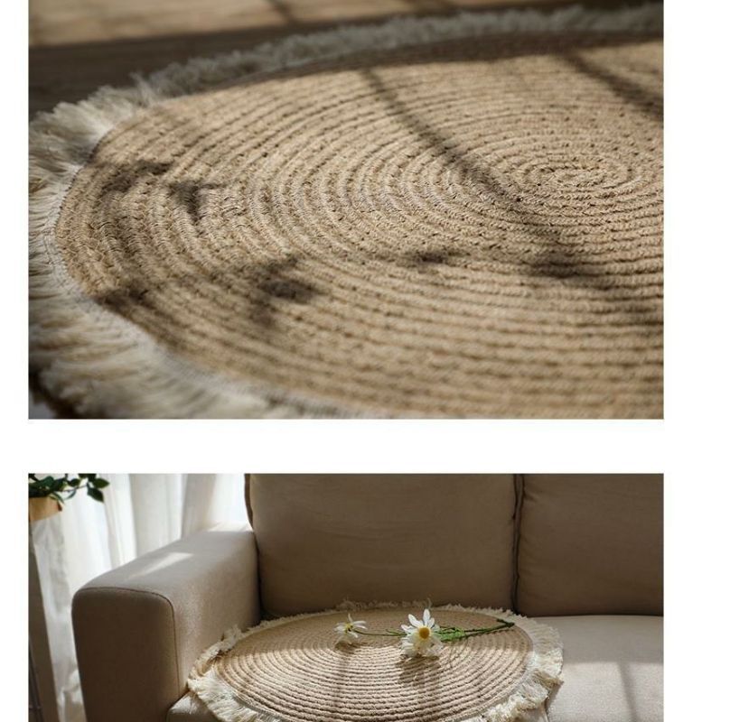 北欧黄麻编制流苏地垫阳台棉麻抓周地毯民宿地铺茶几圆形卧室日式详情4