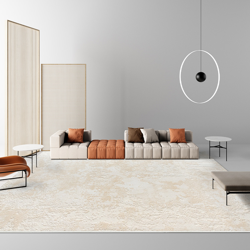 The living room carpet is modern, cream, Nordic style, striped and light luxury. The bedroom has a sofa in front of the bed, a coffee table and floor MATS that are easy to maintain