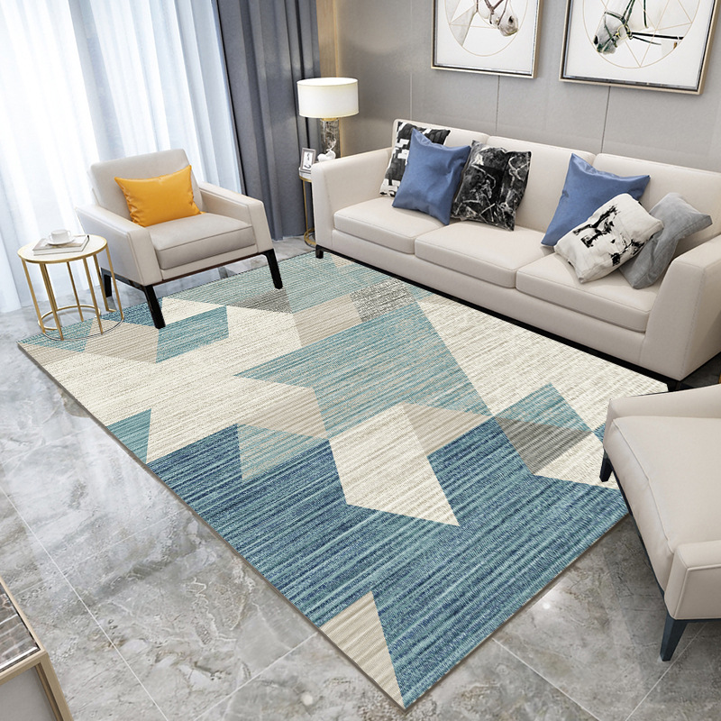 The living room features a large modern and simple coffee table, a carpet, a disposable bed mat for home use, and a floor mat. The bedroom is in an ins Nordic style