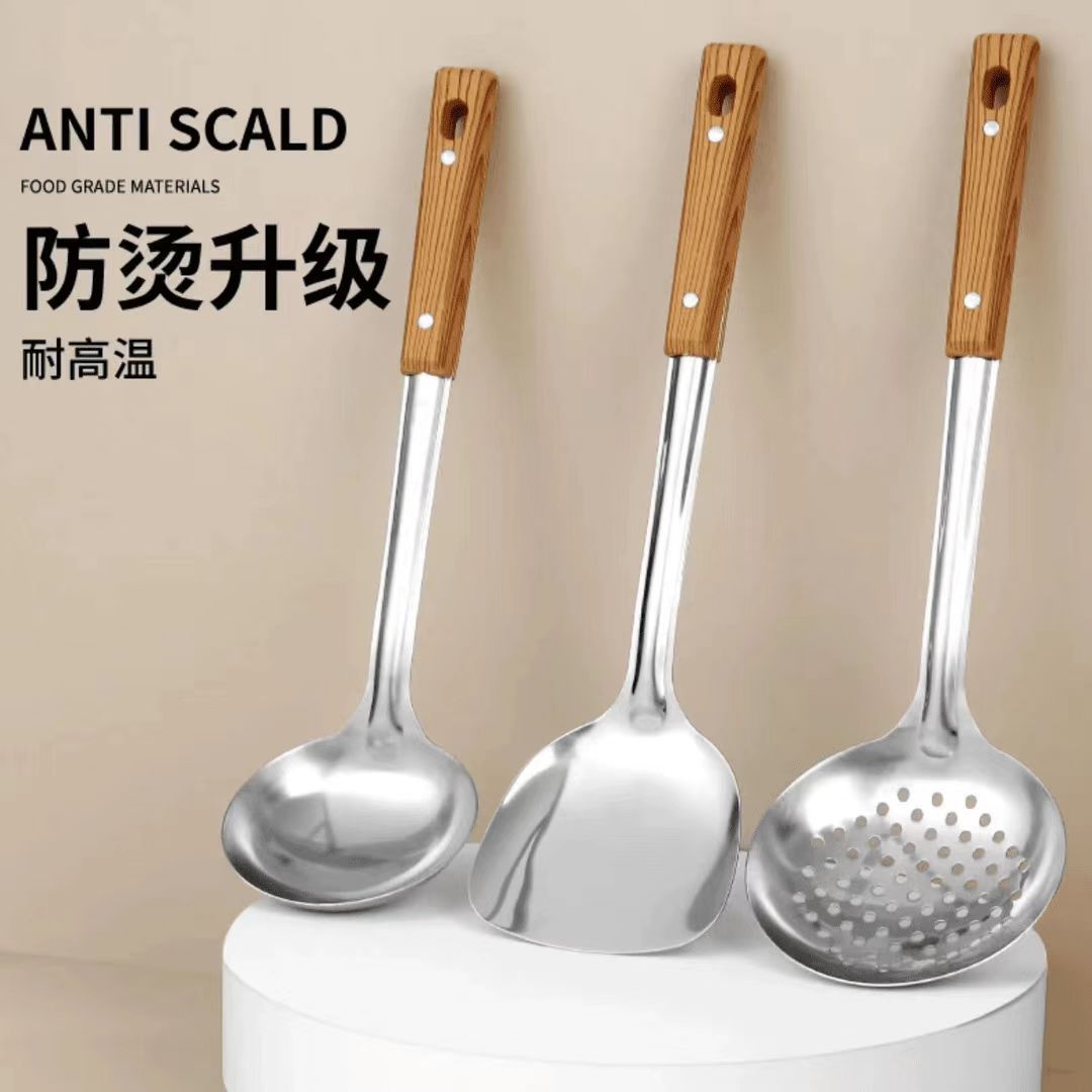 Stainless steel wooden-handled stir-frying spoon, kitchen stir-frying spatula, thickened pot spatula, kitchen cooking wooden-handled set stir-frying spoon and spatula details Picture