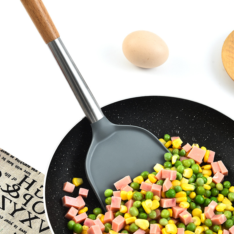 Beech wood tube handle silicone kitchenware set, 5-piece kitchen tool set, cooking spoon and spatula set kitchen Specification image