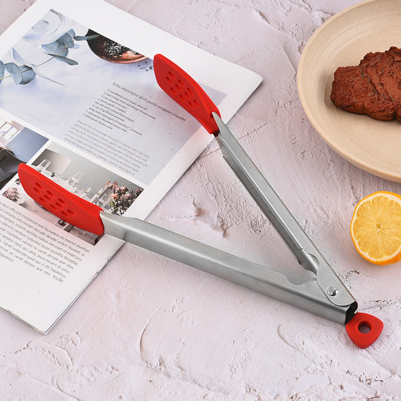 Stainless steel silicone steak tongs, thickened food tongs, multi-purpose baking and barbecue tongs, kitchen and household bread tongs details Picture