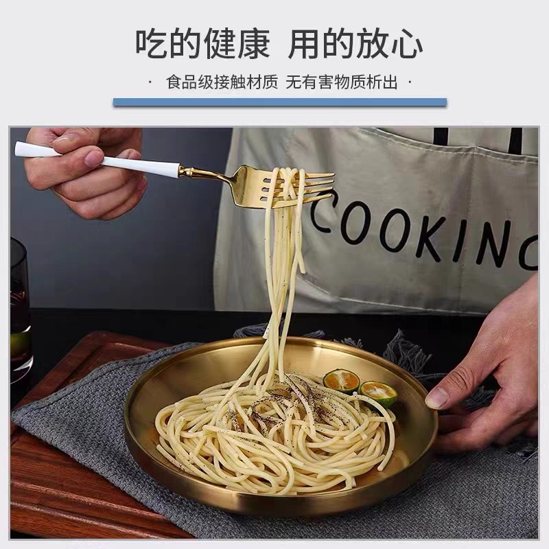 304 stainless steel round plate, double-layer anti-scald vegetable plate, golden dinner plate, fruit plate, flat plate, Korean barbecue plate, tableware